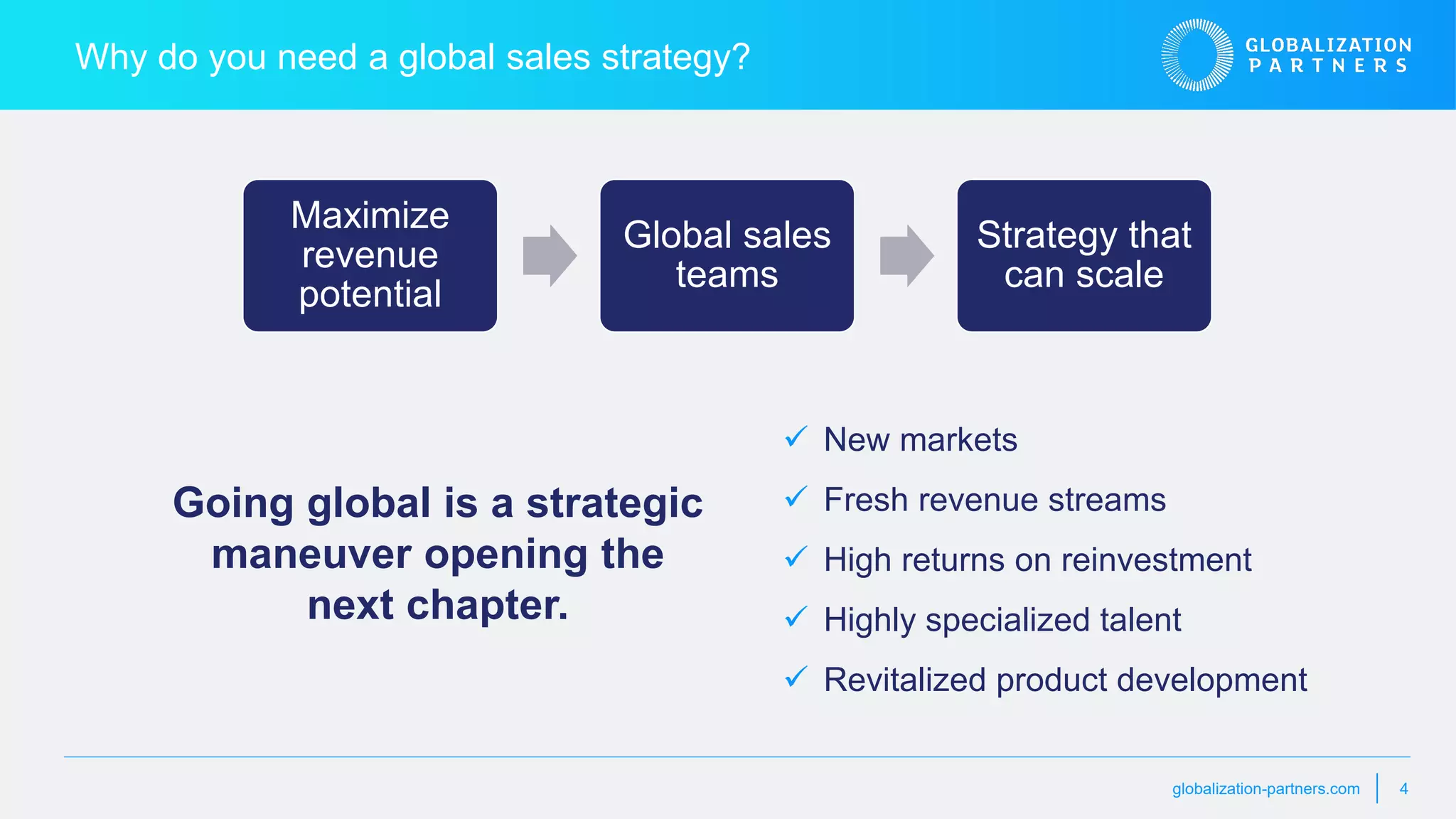 globalization-partners.com 4
Why do you need a global sales strategy?
 New markets
 Fresh revenue streams
 High returns on reinvestment
 Highly specialized talent
 Revitalized product development
Maximize
revenue
potential
Global sales
teams
Strategy that
can scale
Going global is a strategic
maneuver opening the
next chapter.
 