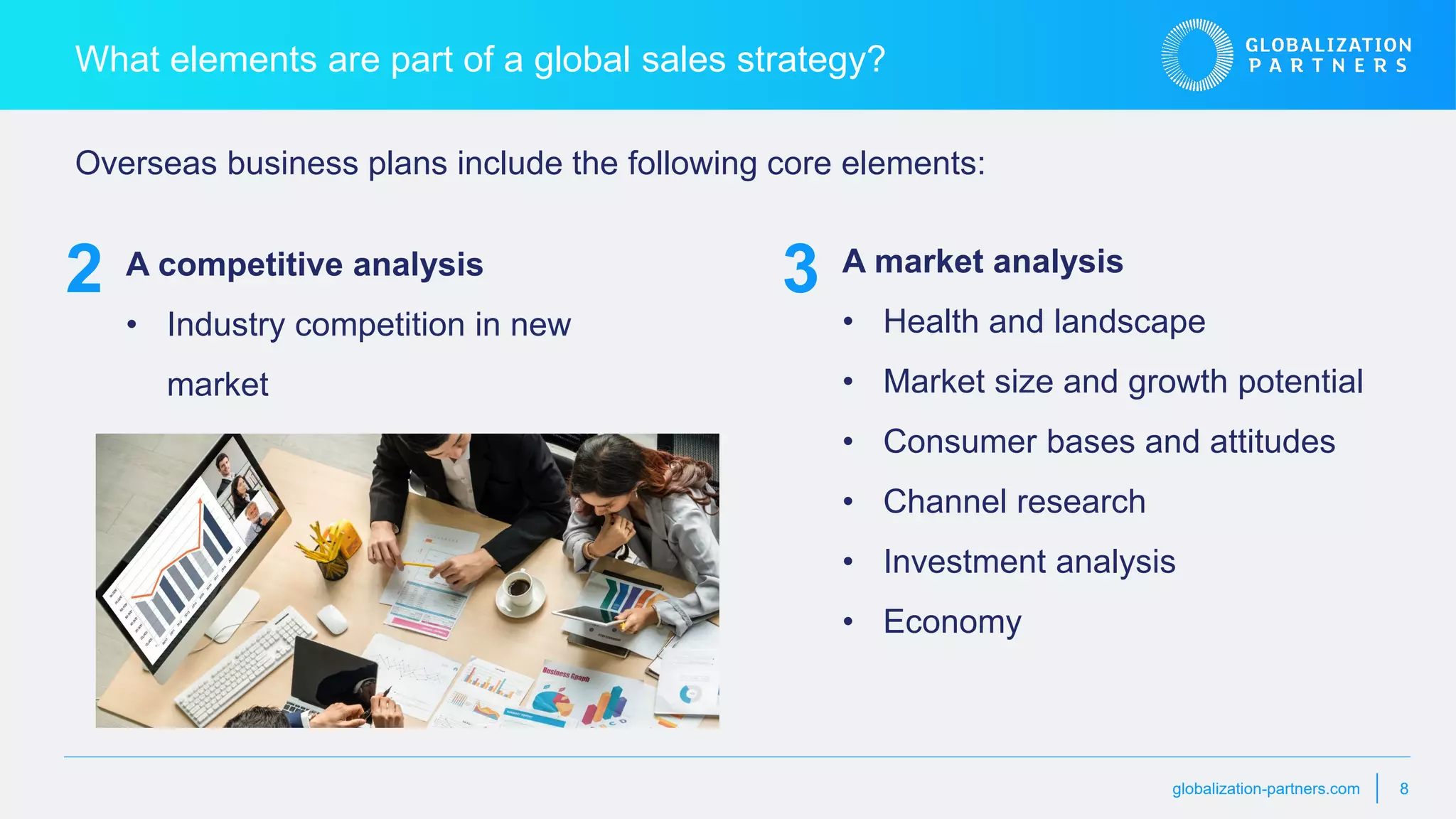 globalization-partners.com 8
What elements are part of a global sales strategy?
A competitive analysis
• Industry competition in new
market
Overseas business plans include the following core elements:
2 A market analysis
• Health and landscape
• Market size and growth potential
• Consumer bases and attitudes
• Channel research
• Investment analysis
• Economy
3
 
