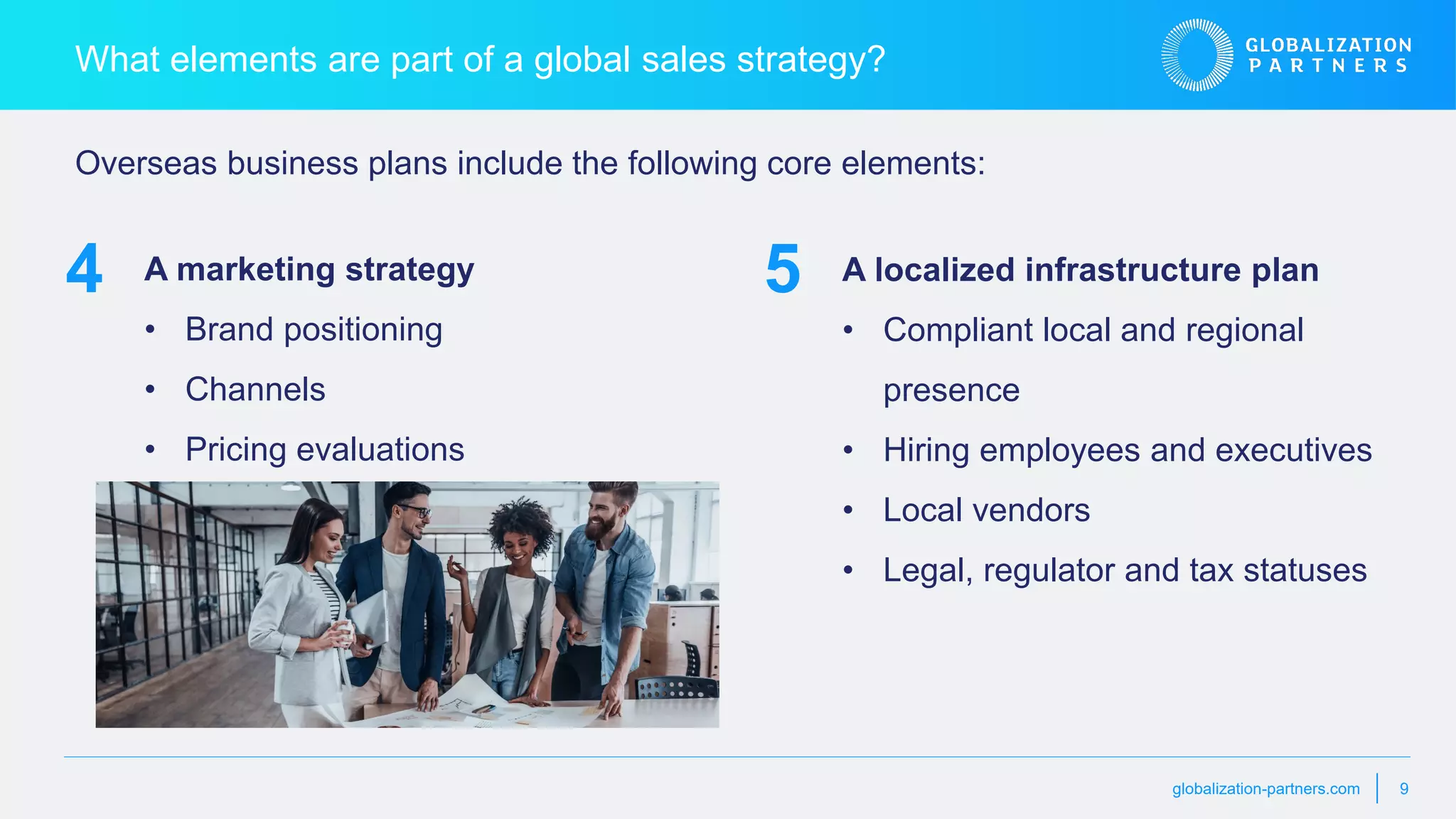 globalization-partners.com 9
What elements are part of a global sales strategy?
A marketing strategy
• Brand positioning
• Channels
• Pricing evaluations
Overseas business plans include the following core elements:
4 A localized infrastructure plan
• Compliant local and regional
presence
• Hiring employees and executives
• Local vendors
• Legal, regulator and tax statuses
5
 