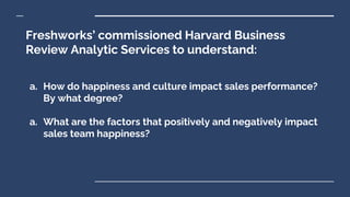 Freshworks’ commissioned Harvard Business
Review Analytic Services to understand:
a. How do happiness and culture impact sales performance?
By what degree?
a. What are the factors that positively and negatively impact
sales team happiness?
 