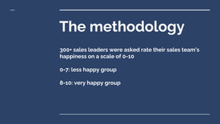 The methodology
300+ sales leaders were asked rate their sales team’s
happiness on a scale of 0-10
0-7: less happy group
8-10: very happy group
 