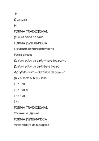 H
S ba h2 s2
H
FORMA TRADICIONAL
Sulfuro acido de bario
FORMA SISTEMATICA
Disulfuro de hidrogeno y bario
Forma directa
Sulfuro acido de bario = na+1 h+1 s-2 = 0
Sulfuro acido de bario ba+2 h+1 s-2
Ac. Yodhídrico + hidróxido de bismuto
Ih + bi (oh)3 bi h i4 + 3h2o
I - h - oh
I - h - oh bi
I - h - oh
I - h
FORMA TRADICIONAL
Yoduro de bismuto
FORMA SISTEMATICA
Tetra yoduro de hidrogeno
 