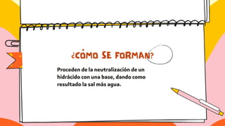 ¿CÓMO SE FORMAN?
Proceden de la neutralización de un
hidrácido con una base, dando como
resultado la sal más agua.
 
