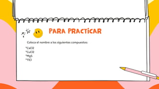 PARA PRACTICAR
Coloca el nombre a los siguientes compuestos:
*CaCl2
*CuCl2
*MgS
*TlCl
 