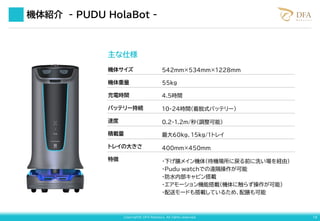 Copyright© DFA Robotics. All rights reserved. 19
主な仕様
機体サイズ
機体重量
充電時間
バッテリー持続
速度
積載量
トレイの大きさ
特徴
542mm×534mm×1228mm
55kg
4.5時間
10-24時間（着脱式バッテリー）
0.2-1.2m/秒（調整可能）
最大60kg、15kg/1トレイ
400mm×450mm
・下げ膳メイン機体（待機場所に戻る前に洗い場を経由）
・Pudu watchでの遠隔操作が可能
・防水内部キャビン搭載
・エアモーション機能搭載（機体に触らず操作が可能）
・配送モードも搭載しているため、配膳も可能
機体紹介 - PUDU HolaBot -
 
