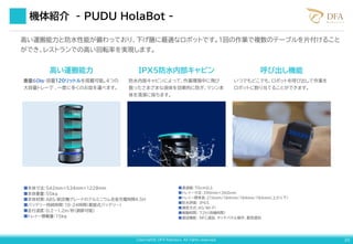 Copyright© DFA Robotics. All rights reserved. 20
機体紹介 - PUDU HolaBot -
高い運搬能力と防水性能が備わっており、下げ膳に最適なロボットです。1回の作業で複数のテーブルを片付けること
ができ、レストランでの高い回転率を実現します。
重量60㎏・容量120リットルを搭載可能。4つの
大容量トレーで 、一度に多くのお皿を運べます。
高い運搬能力
防水内部キャビンによって、作業環境中に飛び
散ったさまざまな液体を効果的に防ぎ、マシン本
体を清潔に保ちます。
IPX5防水内部キャビン
いつでもどこでも、ロボットを呼び出して作業を
ロボットに割り当てることができます。
呼び出し機能
■本体寸法：542mm×534mm×1228mm
■本体重量：55kg
■本体材質：ABS/航空機グレードのアルミニウム合金充電時間4.5H
■バッテリー持続時間：10-24時間（着脱式バッテリー)
■走行速度：0.2～1.2m/秒（調節可能）
■トレイー積載量：15kg
■通過幅：70cm以上
■トレイー寸法：390mm×360mm
■トレイー標準高：216mm/184mm/184mm/184mm（上から下）
■防水評価： IP65
■通信方式：4G/Wi-Fi
■稼働時間： 72h（待機時間）
■通話機能： NFC通話、タッチパネル操作、着信通知
 