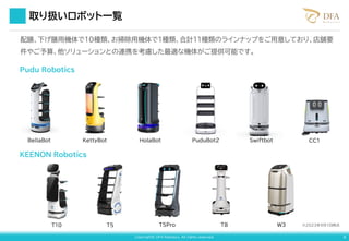 Copyright© DFA Robotics. All rights reserved. 9
取り扱いロボット一覧
Pudu Robotics
KEENON Robotics
BellaBot KettyBot HolaBot PuduBot2 Swiftbot
T5 T5Pro T8 W3
CC1
配膳、下げ膳用機体で10種類、お掃除用機体で１種類、合計11種類のラインナップをご用意しており、店舗要
件やご予算、他ソリューションとの連携を考慮した最適な機体がご提供可能です。
※2023年９月1日時点
T10
 