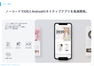 本資料は第三者への開⽰、コピー等を禁⽌いたします。
3
ノーコードでiOSとAndroidのネイティブアプリを⾼速開発。
m
ノンプログラミング ⾃由なデザイン
40 種類以上の機能
ノーコードで幅広いデザインのiOSとAndroidの
ネイティブアプリをスピード開発。
40以上の機能と豊富な外部サービス連携で、
優れたユーザー体験を提供。
iOS/Android対応
1.スピード開発
 