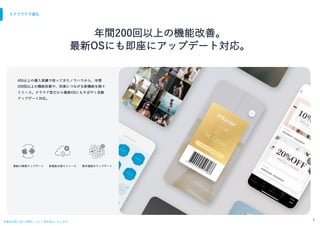 本資料は第三者への開⽰、コピー等を禁⽌いたします。
7
年間200回以上の機能改善。
最新OSにも即座にアップデート対応。
m
450以上の導⼊実績で培ってきたノウハウから、年間
200回以上の機能改善や、効果につながる新機能を続々
リリース。クラウド型だから最新OSにもすばやく⾃動
アップデート対応。
最新OS無償アップデート 新機能を続々リリース 既存機能のアップデート
5.クラウドで進化
 