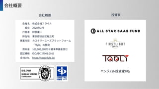 会社概要
株式会社フライル
2020年2⽉
財部優⼀
東京都渋⾕区桜丘町
カスタマーニーズプラットフォーム
「Flyle」の開発
100,000,000円※資本準備⾦含む
ISO/IEC 27001:2013
https://corp.ﬂyle...