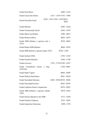 Fundo Dom Bosco                                     A000 - A310
Fundo Causas dos Santos                 A311 - A519 A762 - A804
                                A520 - A761 C504 - C589 D823 -
Fundo Secretaria Geral
                                                        D923

Fundo Missões                                       A805 - A924
Fundo Comunicação Social                            A936 - A979
Fundo Maria Auxiliadora                             A980 - B015
Fundo Reitores-Mores                                 B025 - B187
Fundo SDB defuntos e egressos (até a                 B192 - B662
1931)
Fundo Bispos SDB defuntos                            B664 - B742
Fundo SDB defuntos e egressos (após 1931)         B744 - C503

Fundo Instituto FMA                                  C592 - C638
Fundo Família Salesiana                              C642 - C700
Fundos diversos                         C701 - C759 G389 - G547
Fundo Conselheiros Gerais. e Reg.                   C760 - D091
(1965-84)
Fundo Padre Viganò                                  D094 - D280
Fundo Práticas Particulares                         D281 - D424
Fundo Sociedade Salesiana               D425 - D544 D559 - D568
Fundo Procuradoria Geral                            D545 - D558
Fundo Capítulos Gerais e Inspetoriais               D576 - D822
Fundo SDB defuntos e egressos (desde                 D978 - E052
1985)
Fundo Setores Operativos dos SDB                     E171 - E550
Fundo Oratório-Valdocco                              E551 - E897
Fundo Inspetorias Salesianas                         E898 - F378




                                   72
 