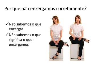 Por que não enxergamos corretamente?
Não sabemos o que
enxergar
Não sabemos o que
significa o que
enxergamos
 