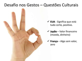 Desafio nos Gestos – Questões Culturais
 EUA - Significa que está
tudo certo, positivo.
 Japão – Valor financeiro
(moeda, dinheiro)
 França – Algo sem valor,
zero
 