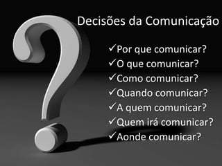 Decisões da Comunicação
Por que comunicar?
O que comunicar?
Como comunicar?
Quando comunicar?
A quem comunicar?
Quem irá comunicar?
Aonde comunicar?
 
