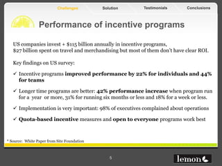 Challenges        Solution      Testimonials      Conclusions



                 Performance of incentive programs

   US companies invest + $115 billion annually in incentive programs,
   $27 billion spent on travel and merchandising but most of them don’t have clear ROI.

   Key findings on US survey:

    Incentive programs improved performance by 22% for individuals and 44%
     for teams

    Longer time programs are better: 42% performance increase when program run
     for a year or more, 31% for running six months or less and 18% for a week or less.

    Implementation is very important: 98% of executives complained about operations

    Quota-based incentive measures and open to everyone programs work best



* Source: White Paper from Site Foundation



                                                5
 