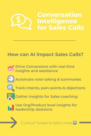 How can AI impact Sales Calls?
Drive Conversions with real time
insights and assistance


Automate note-taking & summaries


Track intents, pain-points & objections


Gather insights for Sales coaching


Use Org/Product level insights for
leadership desisions
Curious? Swipe to learn more
Conversation
Intelligence
for Sales Calls
 