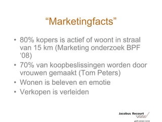 “Marketingfacts”80% kopers is actief of woont in straal van 15 km (Marketing onderzoek BPF ‘08)70% van koopbeslissingen worden door vrouwen gemaakt (Tom Peters)Wonen is beleven en emotieVerkopen is verleiden