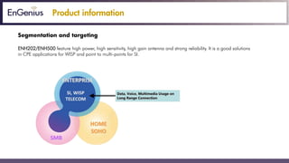Product information
Segmentation and targeting
ENH202/ENH500 feature high power, high sensitivity, high gain antenna and strong reliability. It is a good solutions
in CPE applications for WISP and point to multi-points for SI.
 