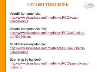 TOVÁBBI TESZTJEINK
Vezetői kompetencia:
http://www.slideshare.net/ImreKrnyeiPCC/vezeti-
kompetencia
Vezetői kompetencia 360:
http://www.slideshare.net/ImreKrnyeiPCC/360-minta-
profil2014icons
Munkatársi kompetencia:
http://www.slideshare.net/ImreKrnyeiPCC/munkatrsi-
kompetencia
Személyiség hajtóerői:
http://www.slideshare.net/ImreKrnyeiPCC/szemelyiseg-
hajtoeroi
 