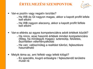  Van-e pozitív vagy negatív torzítás?
 Ha WB és GI nagyon magas, akkor a kapott profilt lefele
kell eltolni
 Ha WB nagyon alacsony, akkor a kapott profilt felfele
kell eltolni
 Van-e eltérés az egyes kompetenciákra adott értékek között?
 Ha nincs, azaz hasonló értékek minden kompetenciára
(főleg, ha mindegyik magas): sztereotip, felületes,
őszintétlen véleményalkotás
 Ha van: valószínűleg a realitást tükrözi, fejlesztésre
használható
 Melyik téma az, ami felfelé vagy lefelé kilógó?
 Ez speciális, kiugró erősségre / fejlesztendő területre
mutat rá:
ÉRTELMEZÉSI SZEMPONTOK
 