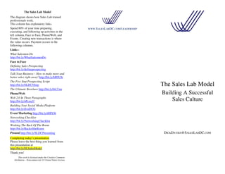 The Sales Lab Model                    Thank you!
The diagram shows how Sales Lab trained                  This work is licensed under the Creative Commons
                                                    Attribution – Noncommercial 3.0 United States License
professionals work.
This column has explanatory links.
Spend 80% of your time preparing,
executing, and following up activities in the
left column, Face to Face, Phone/Web, and
Events. Creating new transactions is where
                                                      WWW.SALESLABDC.COM/LEADERSHIP
the value occurs. Payment occurs in the
following columns.
Links -
What Salesmen Do
http://bit.ly/WhatSalesmenDo
Face to Face
Defining Sales Prospecting
http://bit.ly/defineprospecting
Talk Your Business – How to make more and
better sales right away! http://bit.ly/bB9U8r
The Five Step Prospecting Script http://bit.ly/
SLDC5Step                                                                                                   The Sales Lab Model
The Ultimate Brochure http://bit.ly/bJcYnn
Phone/Web                                                                                                   Building A Successful
Web 2.0 In Three Paragraphs
http://bit.ly/aPcmyU                                                                                            Sales Culture
Building Your Social Media Platform
http://bit.ly/dvuDUG
Event Marketing http://bit.ly/d0P836
Networking Checklist
http://bit.ly/NetworkingChecklist
Working The Back Of The Room http://bit.ly/
BackoftheRoom
Present http://bit.ly/SLDCPresenting                                                                          DICKDAVIES@SALESLABDC.COM
Completing today’s presentation
Please leave the best thing you learned from
this presentation at
http://bit.ly/SLSalesModel
 