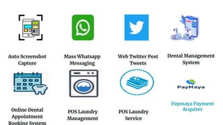 Auto Screenshot
Capture
Mass Whatsapp
Messaging
Web Twitter Post
Tweets
Dental Management
System
Online Dental
Appointment
Booking System
POS Laundry
Management
POS Laundry
Service
Paymaya Payment
Acquirer
 