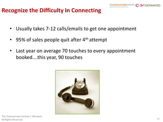 Recognize the Difficulty In Connecting

       • Usually takes 7-12 calls/emails to get one appointment

       • 95% of sales people quit after 4th attempt

       • Last year on average 70 touches to every appointment
         booked….this year, 90 touches




The Outsourcing Institute / 3forward
All Rights Reserved                                               17
 