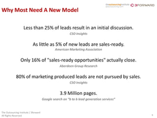 Why Most Need A New Model

                    Less than 25% of leads result in an initial discussion.
                                                         CSO Insights


                             As little as 5% of new leads are sales-ready.
                                               American Marketing Association


                 Only 16% of "sales-ready opportunities" actually close.
                                                   Aberdeen Group Research


             80% of marketing produced leads are not pursued by sales.
                                                         CSO Insights


                                                   3.9 Million pages.
                                       Google search on “b to b lead generation services”


The Outsourcing Institute / 3forward
All Rights Reserved                                                                         6
 