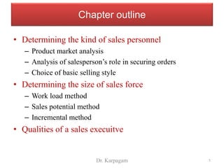 Chapter outline
• Determining the kind of sales personnel
– Product market analysis
– Analysis of salesperson’s role in securing orders
– Choice of basic selling style
• Determining the size of sales force
– Work load method
– Sales potential method
– Incremental method
• Qualities of a sales execuitve
5Dr. Karpagam
 