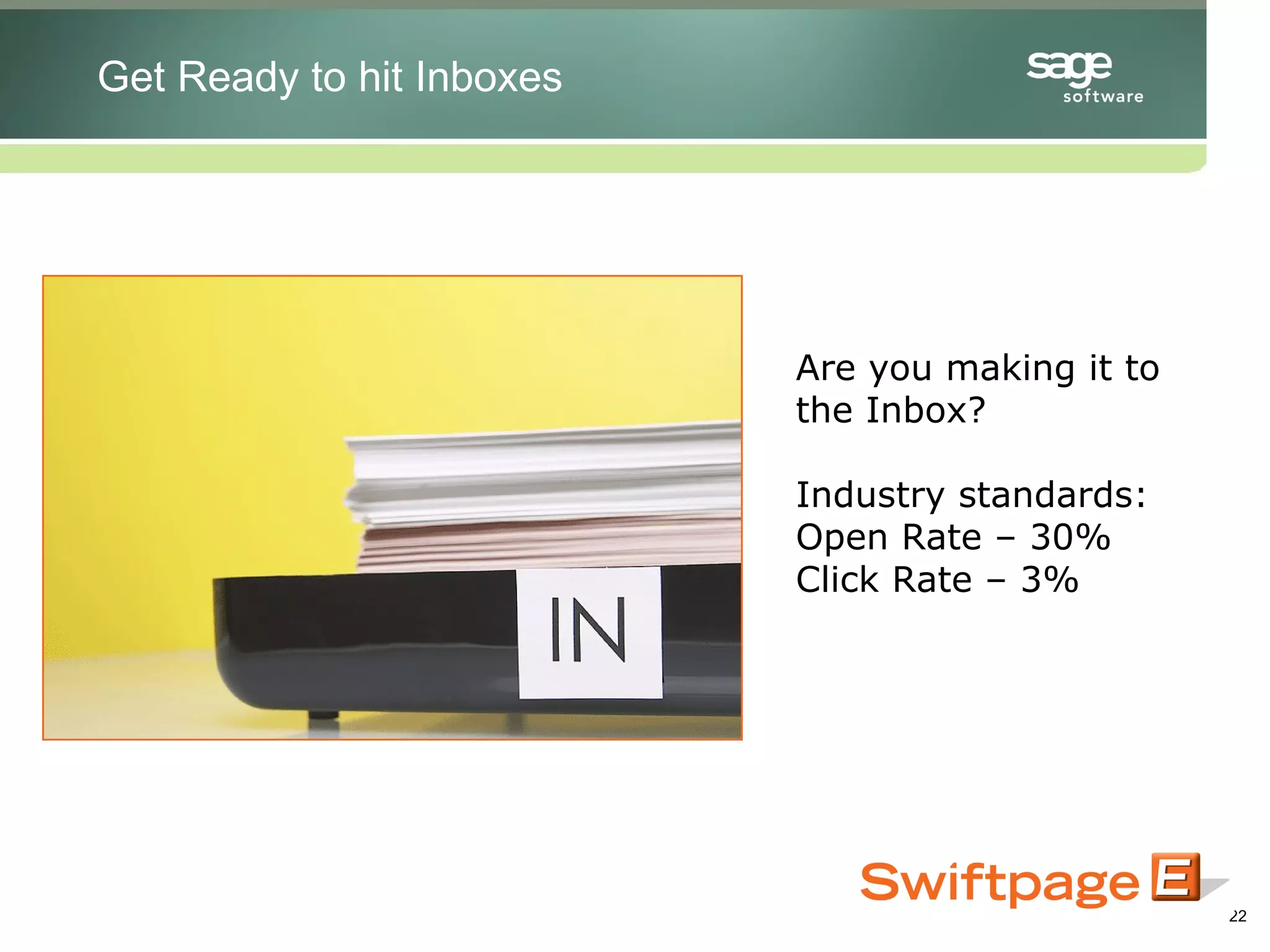 Are you making it to the Inbox? Industry standards: Open Rate – 30% Click Rate – 3% Get Ready to hit Inboxes 
