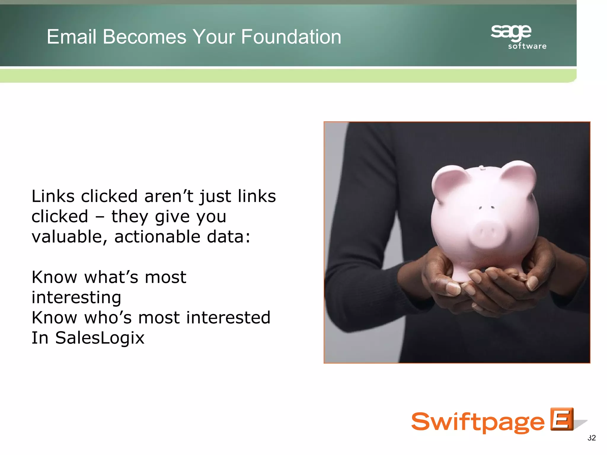 Links clicked aren’t just links clicked – they give you valuable, actionable data: Know what’s most interesting Know who’s most interested In SalesLogix Email Becomes Your Foundation 