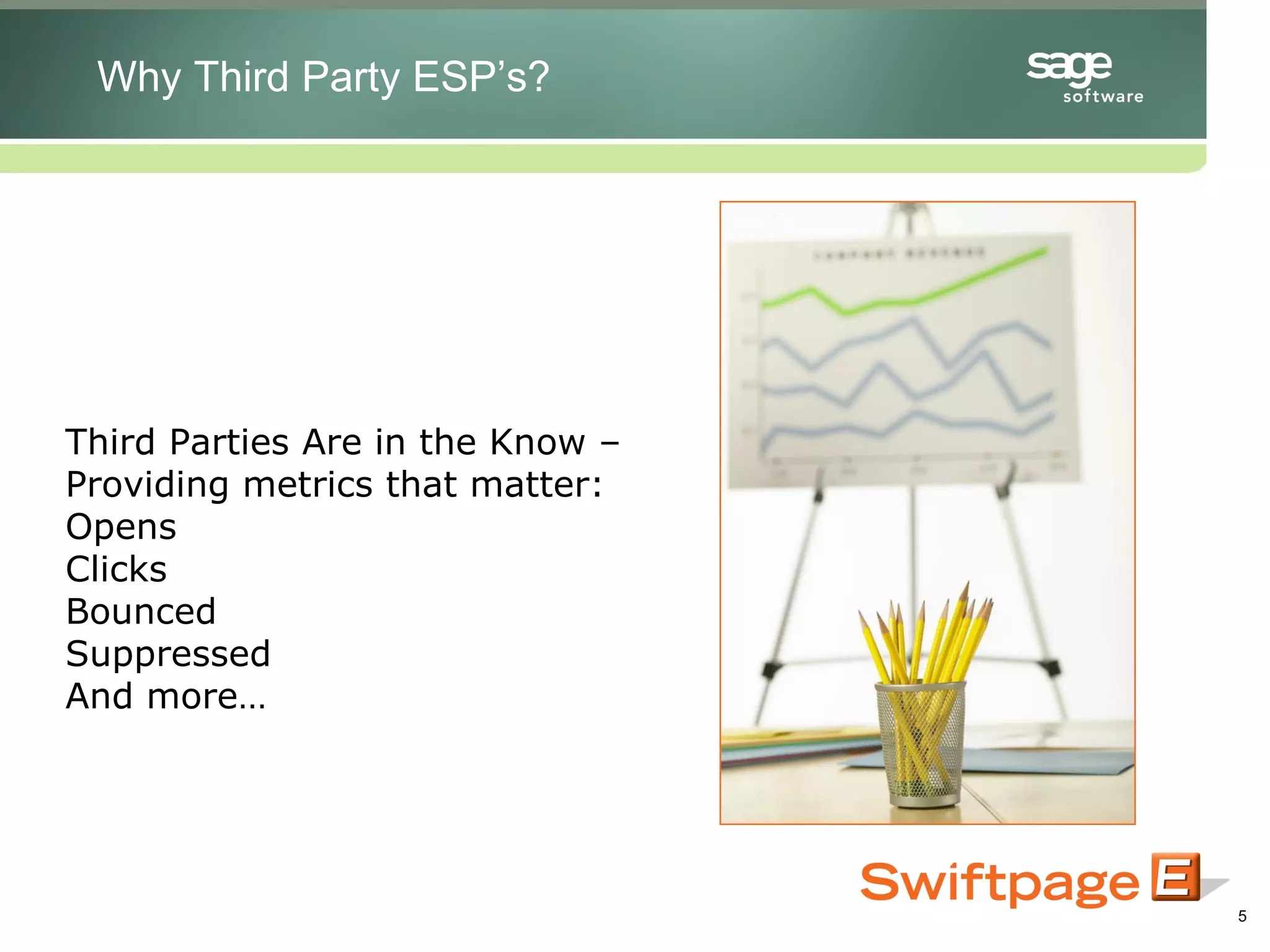 Third Parties Are in the Know – Providing metrics that matter: Opens Clicks Bounced Suppressed And more… Why Third Party ESP’s? 