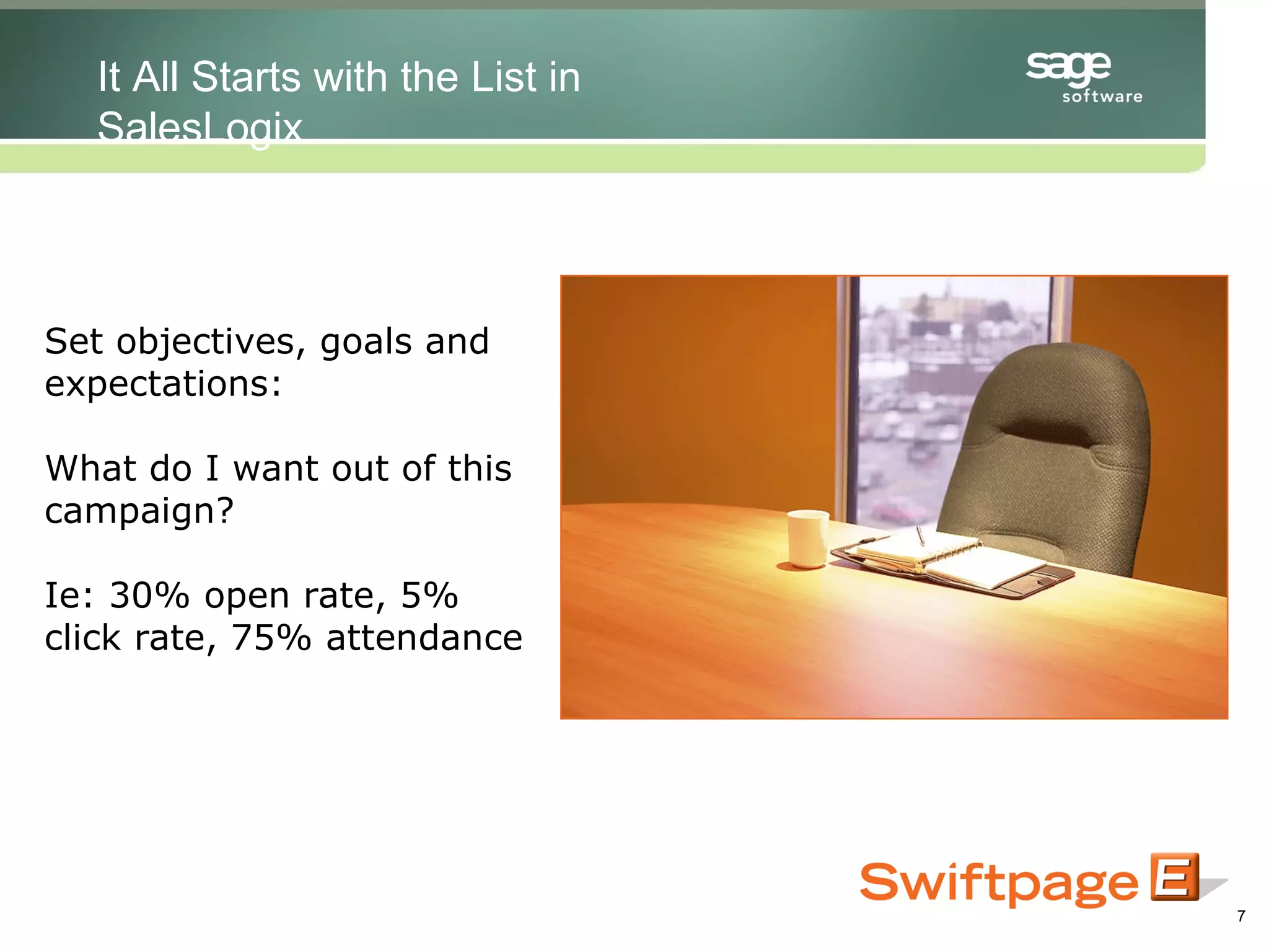 Set objectives, goals and expectations: What do I want out of this campaign? Ie: 30% open rate, 5% click rate, 75% attendance It All Starts with the List in SalesLogix 