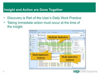 Insight and Action are Done Together  Discovery is Part of the User’s Daily Work Practice Taking immediate action must occur at the time of the insight Multiple Selection Multi-selection  Actions Multi-selection  Actions 