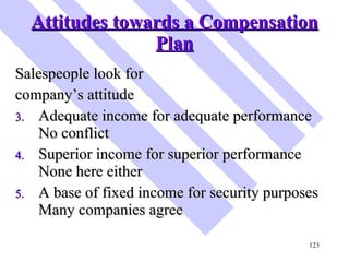 Attitudes towards a Compensation Plan <ul><li>Salespeople look for  </li></ul><ul><li>company’s attitude </li></ul><ul><li...
