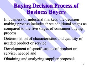 Buying Decision Process of Business Buyers <ul><li>In business or industrial markets, the decision making process includes...