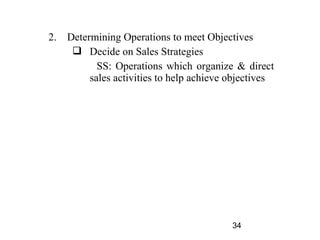 2.   Determining Operations to meet Objectives
       Decide on Sales Strategies
            SS: Operations which organize & direct
          sales activities to help achieve objectives




                                           34
 