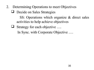 2. Determining Operations to meet Objectives
    Decide on Sales Strategies
        SS: Operations which organize & direct sales
     activities to help achieve objectives
    Strategy for each objective ….
      In Sync. with Corporate Objective ….




                                      35
 