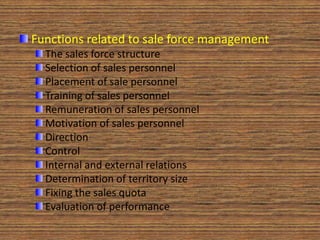 Functions related to sale force management
  The sales force structure
  Selection of sales personnel
  Placement of sale personnel
  Training of sales personnel
  Remuneration of sales personnel
  Motivation of sales personnel
  Direction
  Control
  Internal and external relations
  Determination of territory size
  Fixing the sales quota
  Evaluation of performance
 