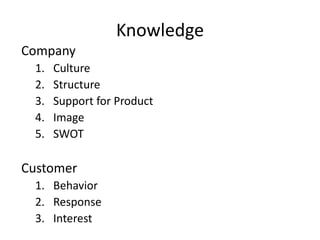 Knowledge
Company
1. Culture
2. Structure
3. Support for Product
4. Image
5. SWOT
Customer
1. Behavior
2. Response
3. Interest
 