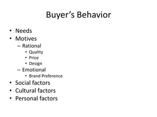 Buyer’s Behavior
• Needs
• Motives
– Rational
• Quality
• Price
• Design
– Emotional
• Brand Preference
• Social factors
• Cultural factors
• Personal factors
 