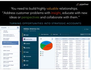 T U R N I N G O P P O R T U N I T I E S I N T O S T R AT E G I C A C C O U N T S
You need to build highly valuable relationships. 
“Address customer problems with insight, educate with new
ideas or perspectives and collaborate with them.”
 