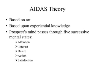 AIDAS Theory
• Based on art
• Based upon experiential knowledge
• Prospect’s mind passes through five successive
mental states:
Attention
 Interest
Desire
Action
Satisfaction
 
