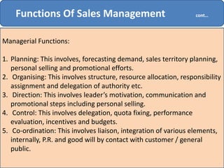 Functions Of Sales Management cont…
Managerial Functions:
1. Planning: This involves, forecasting demand, sales territory planning,
personal selling and promotional efforts.
2. Organising: This involves structure, resource allocation, responsibility
assignment and delegation of authority etc.
3. Direction: This involves leader’s motivation, communication and
promotional steps including personal selling.
4. Control: This involves delegation, quota fixing, performance
evaluation, incentives and budgets.
5. Co-ordination: This involves liaison, integration of various elements,
internally, P.R. and good will by contact with customer / general
public.
 