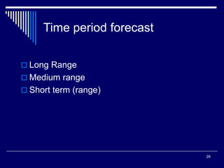 26
Time period forecast
 Long Range
 Medium range
 Short term (range)
 