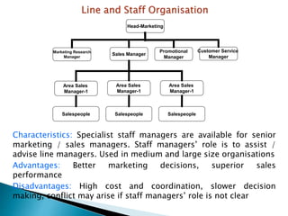 Characteristics: Specialist staff managers are available for senior
marketing / sales managers. Staff managers’ role is to assist /
advise line managers. Used in medium and large size organisations
Advantages: Better marketing decisions, superior sales
performance
Disadvantages: High cost and coordination, slower decision
making, conflict may arise if staff managers’ role is not clear
Head-Marketing
Marketing Research
Manager
Sales Manager
Promotional
Manager
Customer Service
Manager
Area Sales
Manager-1
Area Sales
Manager-1
Area Sales
Manager-1
Salespeople Salespeople Salespeople
 