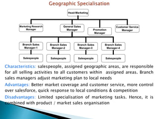Characteristics: salespeople, assigned geographic areas, are responsible
for all selling activities to all customers within assigned areas. Branch
sales managers adjust marketing plan to local needs
Advantages: Better market coverage and customer service, more control
over salesforce, quick response to local conditions & competition
Disadvantages: Limited specialisation of marketing tasks. Hence, it is
combined with product / market sales organisation
Head-Marketing
Marketing Research
Manager
General Sales
Manager Promotion
Manager
Customer Service
Manager
Branch Sales
Manager-1
Branch Sales
Manager-2
Branch Sales
Manager-3
Branch Sales
Manager-4
Salespeople Salespeople Salespeople Salespeople
 