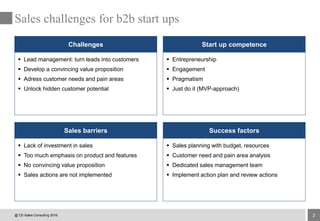 2
Sales challenges for b2b start ups
Start up competence
Success factorsSales barriers
Challenges
 Lead management: turn leads into customers
 Develop a convincing value proposition
 Adress customer needs and pain areas
 Unlock hidden customer potential
 Entrepreneurship
 Engagement
 Pragmatism
 Just do it (MVP-approach)
 Lack of investment in sales
 Too much emphasis on product and features
 No convincing value proposition
 Sales actions are not implemented
 Sales planning with budget, resources
 Customer need and pain area analysis
 Dedicated sales management team
 Implement action plan and review actions
@ CE-Sales Consulting 2016
 