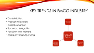 KEY TRENDS IN FMCG INDUSTRY
• Consolidation
• Product innovation
• Global expansion
• Backward integration
• Focus on rural markets
• Third party manufacturing Growth
Drivers
Rise of Rural
Consumers
Organized
Retail
Increasing
per capita
income
 