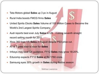  Tata Motors global Sales up 3 pc in August

 Rural India boosts FMCG firms Sales

 United Spirits Clocks Sales Volume of 100 Million Cases to Become the

  World’s 2nd Largest Spirits Company

 Audi reports best ever July Sales in US…making seventh straight

  record setting month for 2011
 Xbox 360 tops US Sales in August despite PS3 price cut.

 AT & T goes door to door for Sales

 Infosys may beat Q4 guidance, FY12 Sales may grow 18-20%.

 Educomp expects FY12 Sales at Rs 1760 crore.

 Samsung eyes 30% growth in Sales during festive season


                              Mathew Lawrence
 